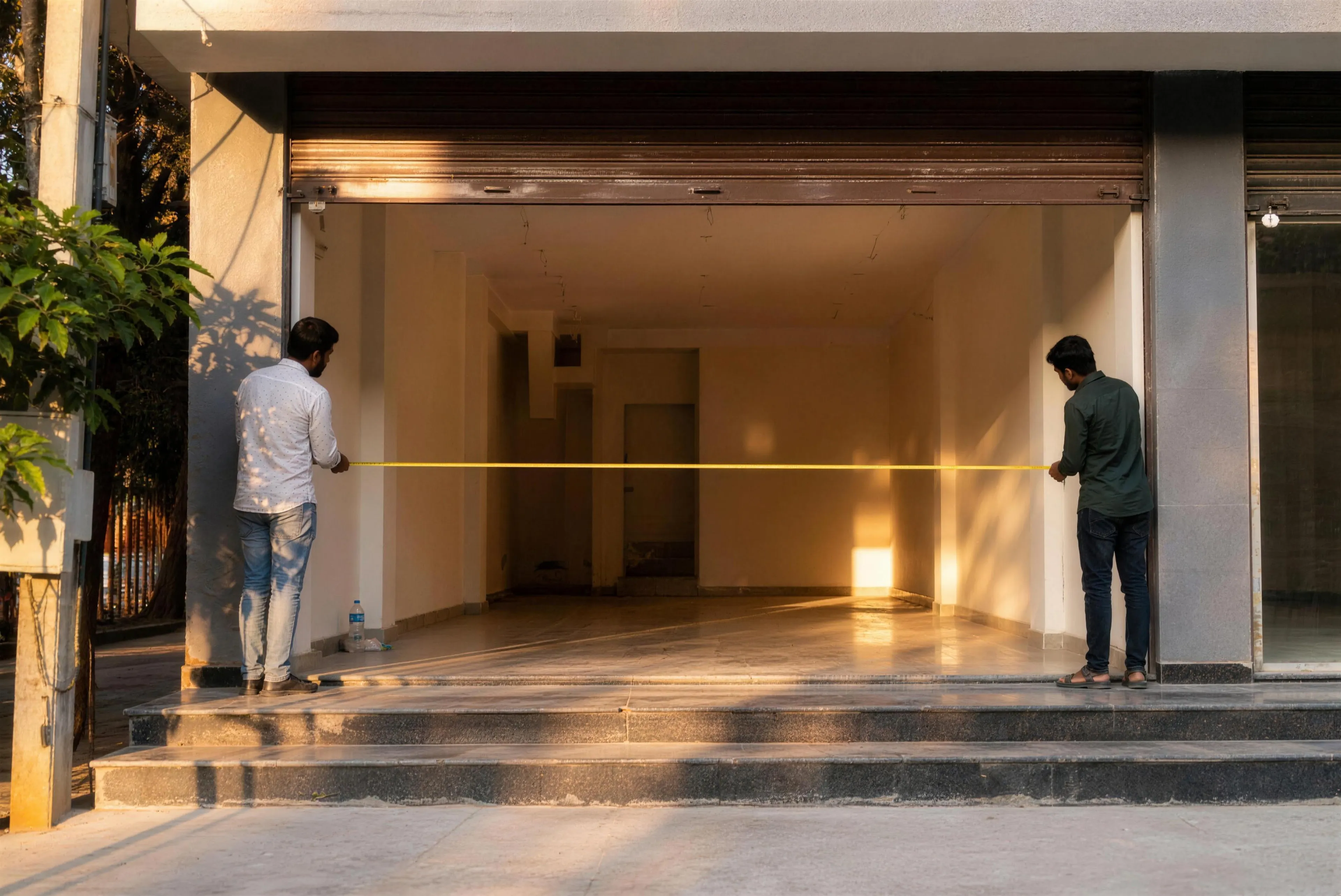 A GVS associate measuring a vacant ground-floor shopfront in Bengaluru.